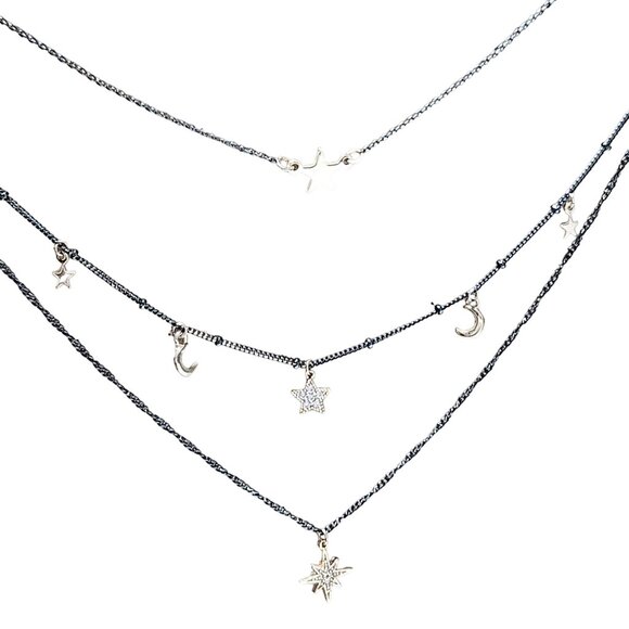 Celestial Stars Moon Sunburst Charm Multi Strand Charm Necklace Black Chain - Picture 2 of 6